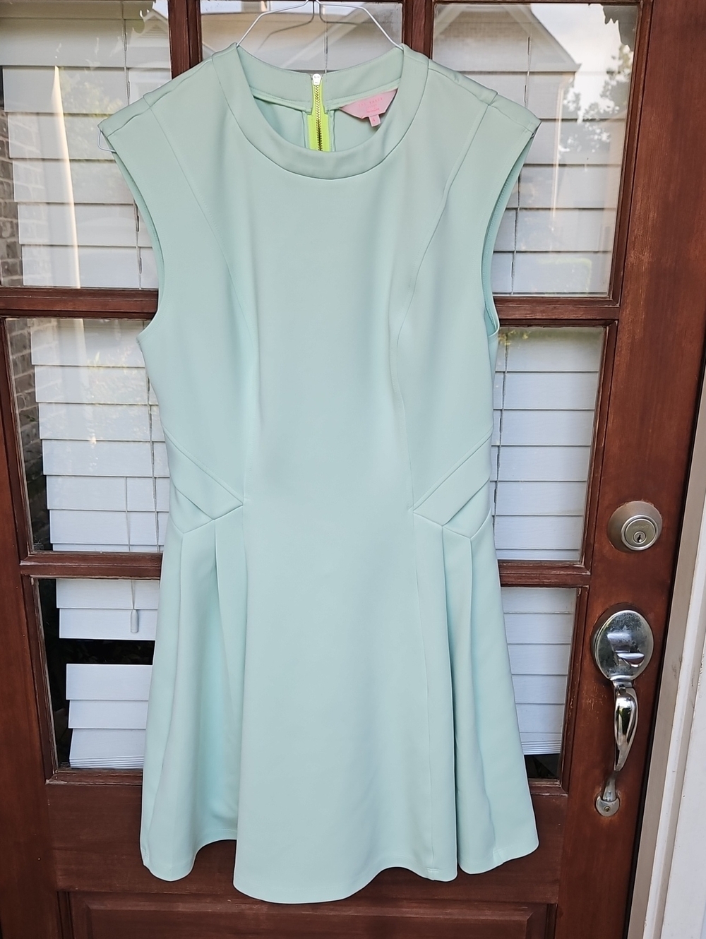 Ted Baker Women's Mint Lime Green Cap-Sleeve Fit & Flare Scuba Mini Dress - Picture 4 of 8